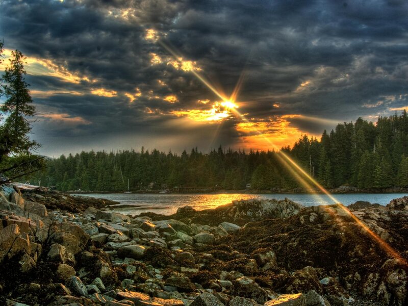 Sunrise over Rocky Shore — Orange, Dramatic, Photograph, Forest, Clouds