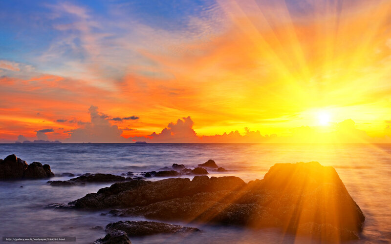 Sunrise over Rocky Shore — Orange, Dramatic, Photograph, Ocean, Rocks