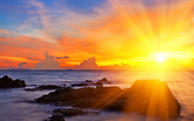 Sunrise over Rocky Shore — Orange, Dramatic, Photograph, Ocean