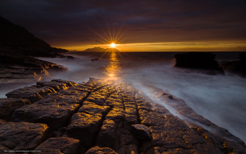 Sunrise over Rocky Shore — Orange, Dramatic, Sunset, Photograph