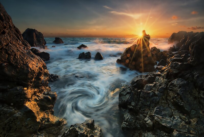 Sunrise over Rocky Shore — Orange, Dramatic, Sunset