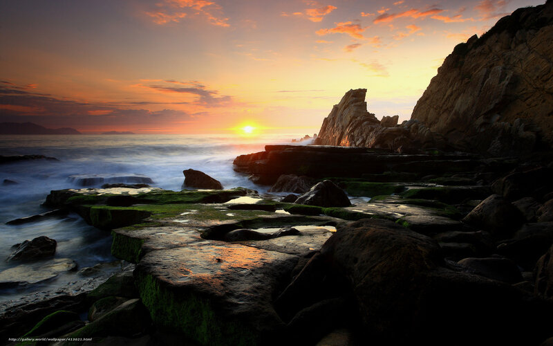 Sunrise over Rocky Shore — Orange, Serene, Photograph, Ocean, Rocks