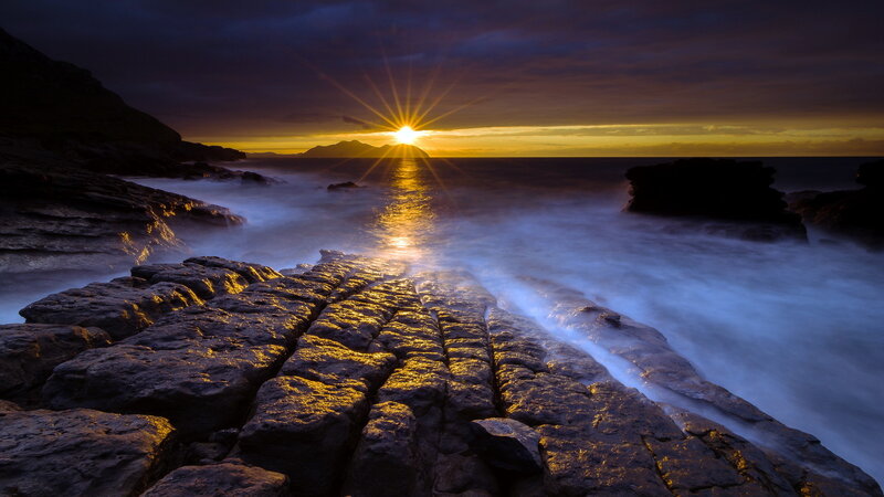 Sunrise over Rocky Shore — Yellow, Dramatic, Photograph, Sea
