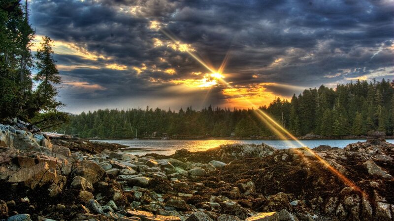 Sunrise over Rocky Shore — Yellow, Dramatic, Photograph
