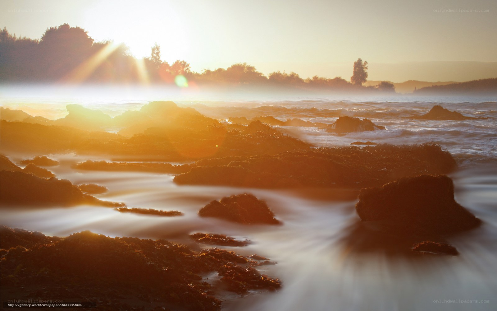 Sunrise over rocky shoreline
