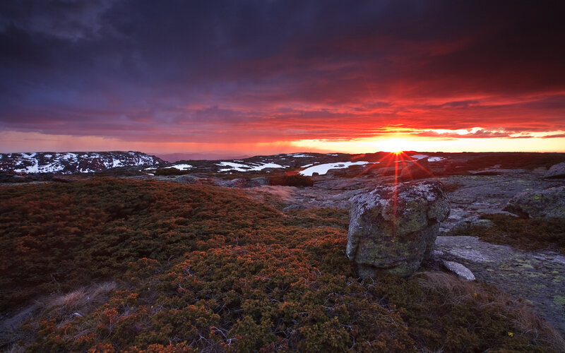 Sunrise over Rocky Terrain — Red, Dramatic