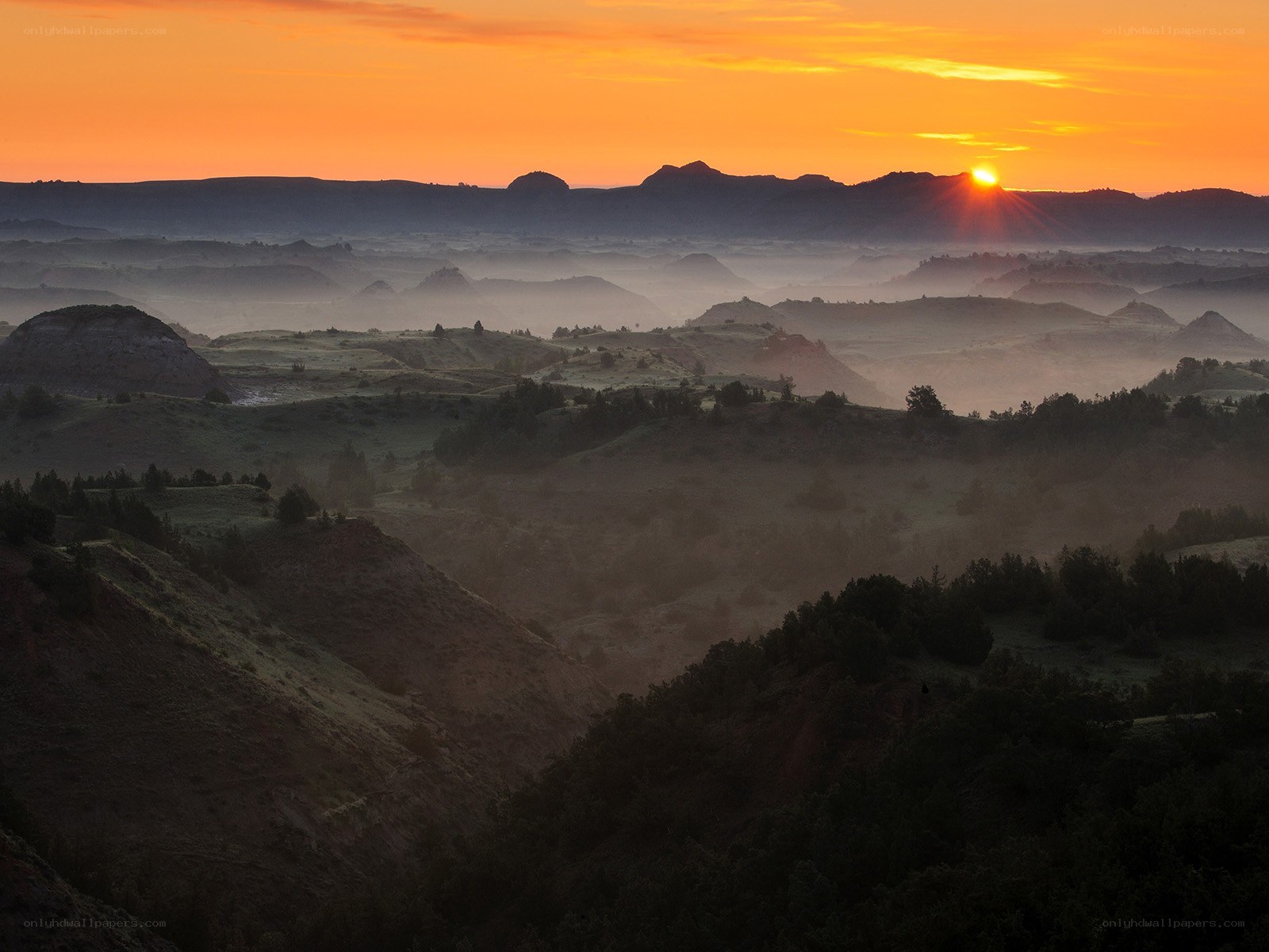 Sunrise over rolling hills