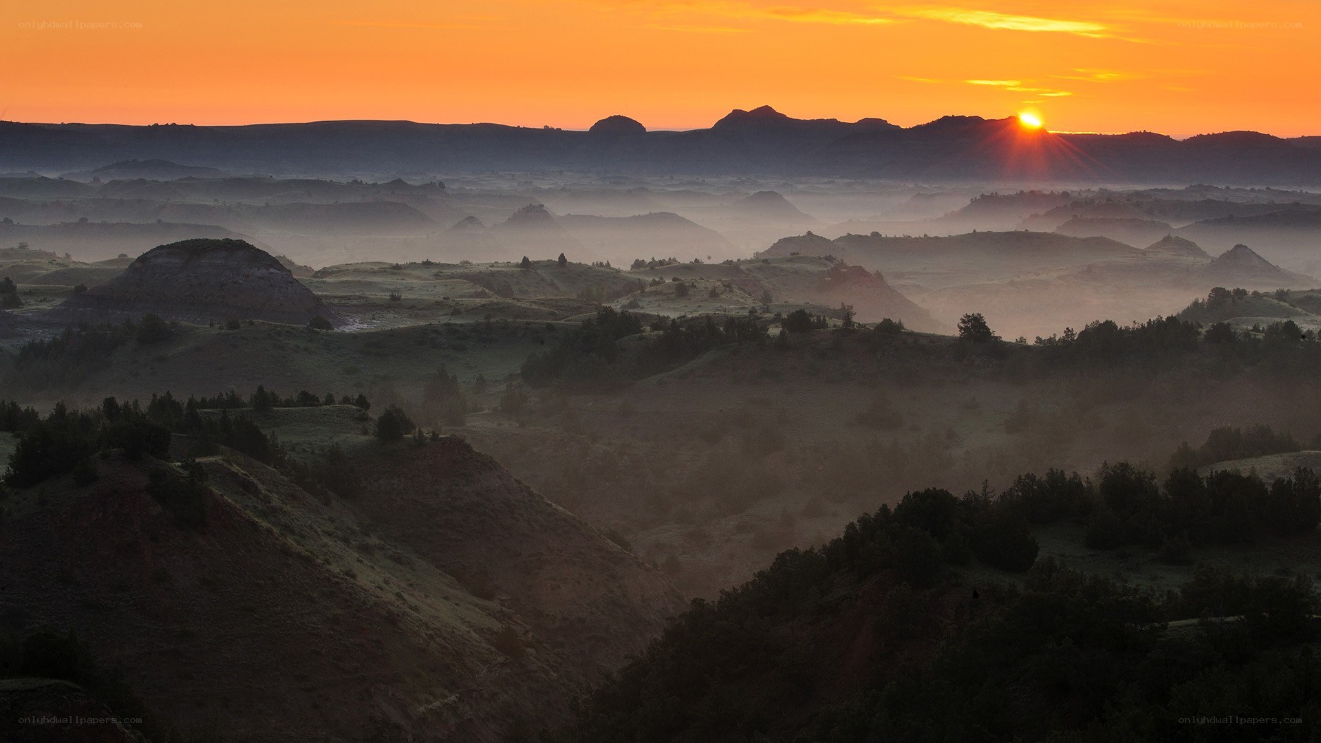 Sunrise over rolling hills