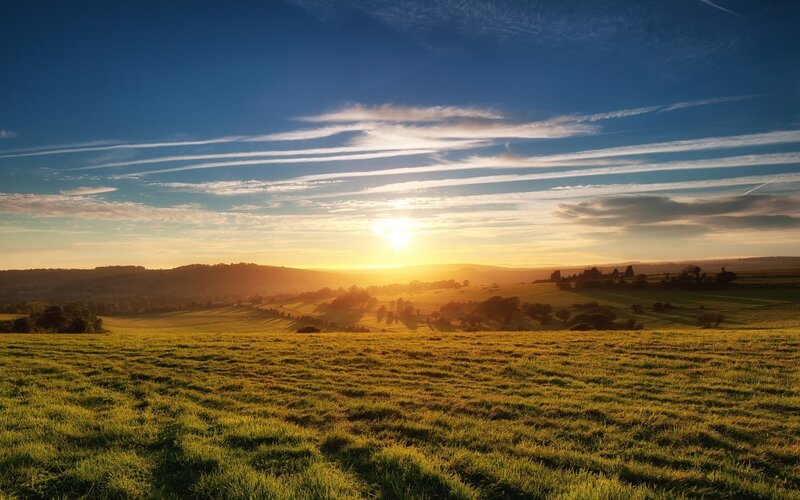 Sunrise over Rolling Hills — Blue, Serene, Sunset