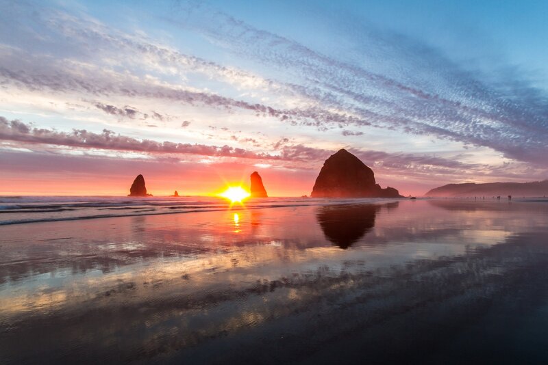 Sunrise over Sea Stacks — Orange, Serene, Photograph