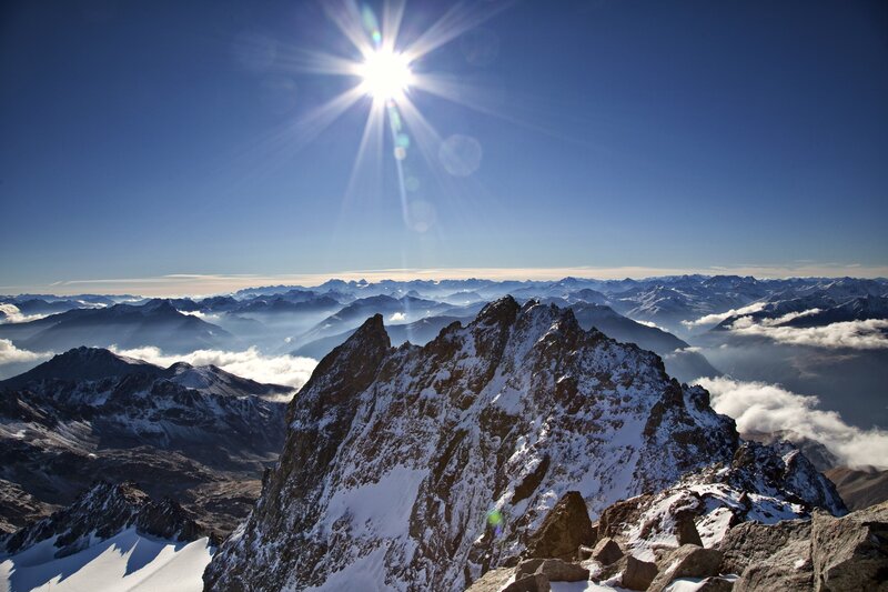 Sunrise over snow-capped mountains