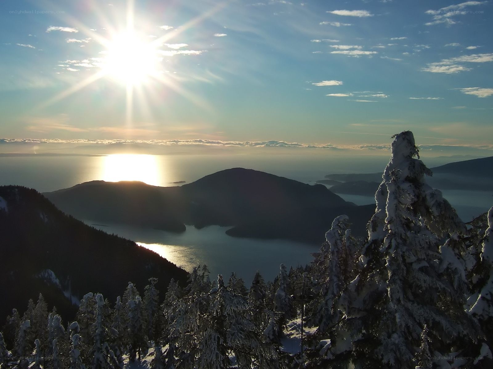 Sunrise over snowy mountains