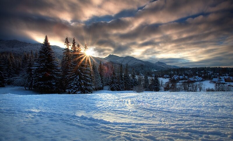 Sunrise over snowy mountains