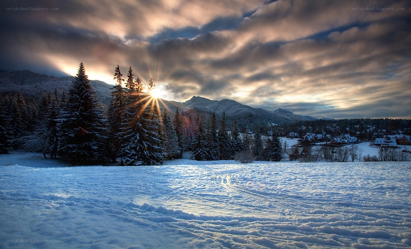 Sunrise over snowy mountains