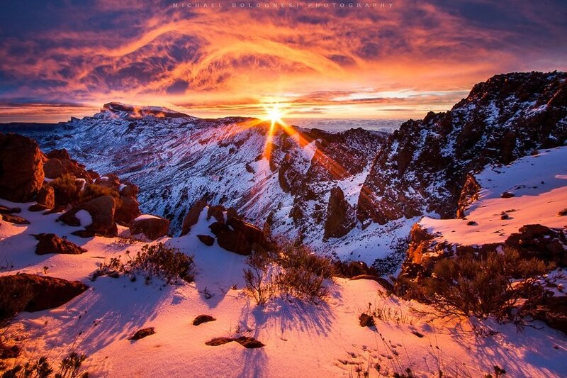 Sunrise over snowy mountains