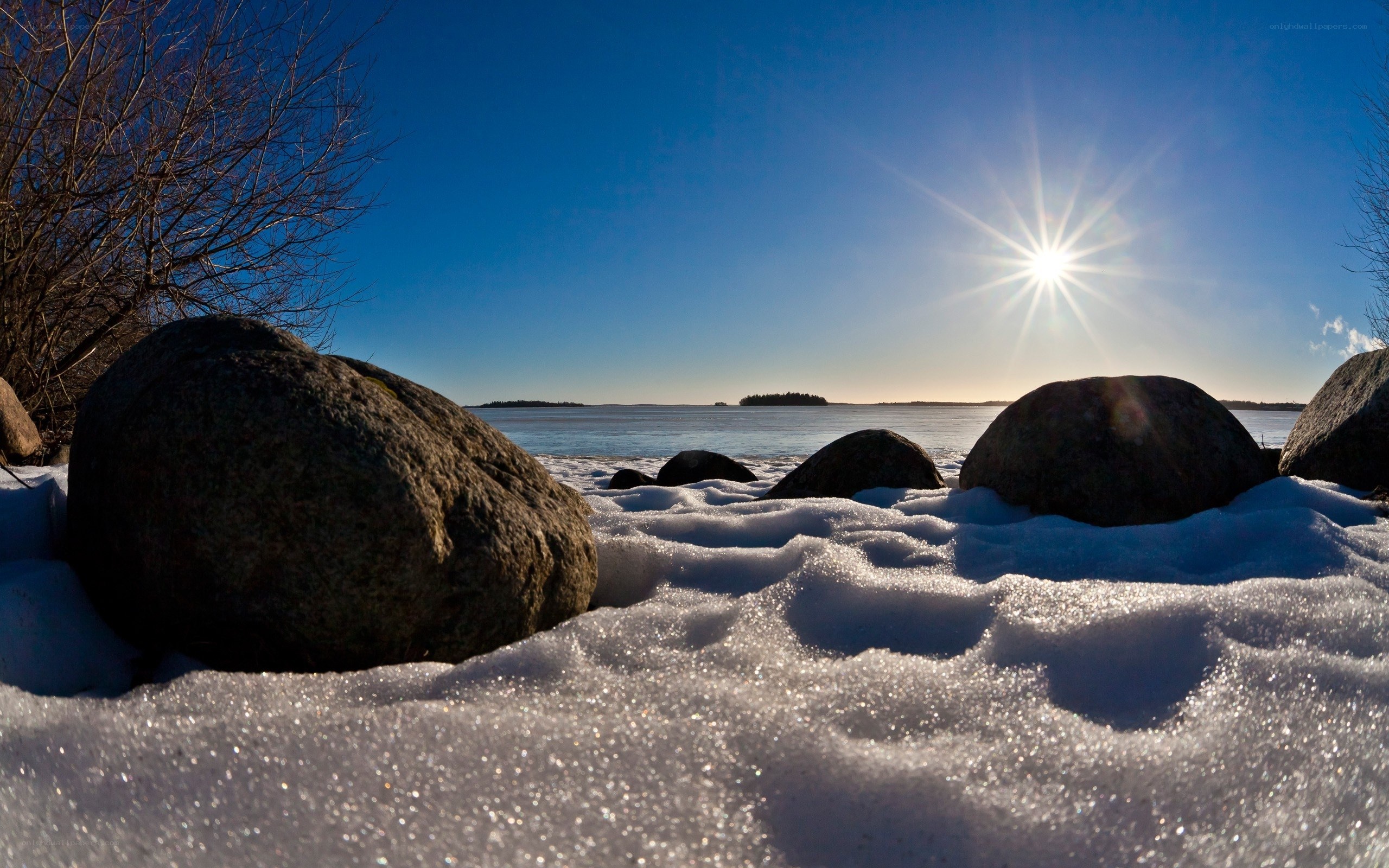 Sunrise over snowy shore