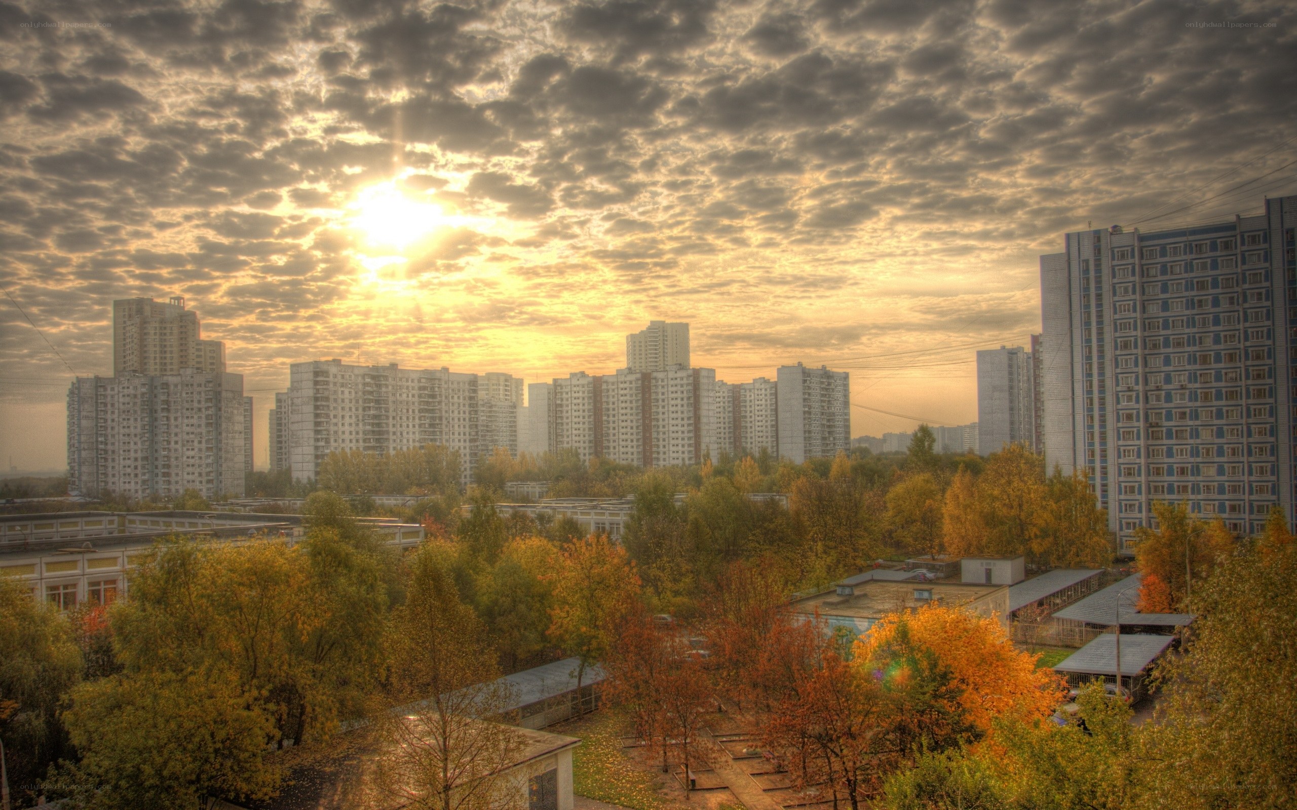 Sunrise over urban apartment buildings