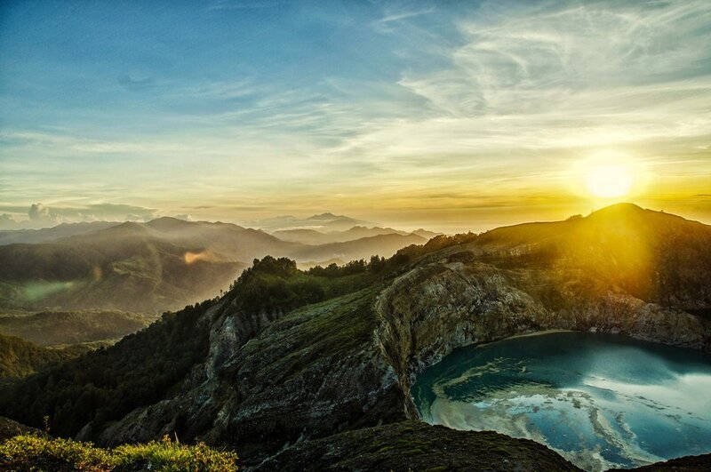 Sunrise over volcanic crater lake