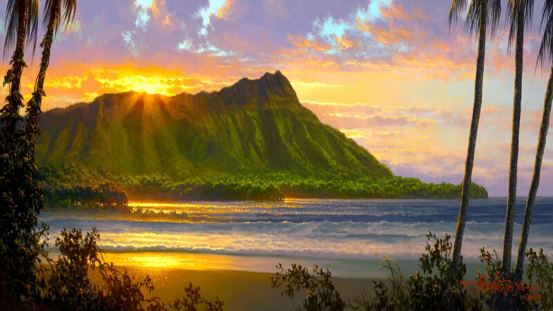 Sunrise over Volcanic Island — Green