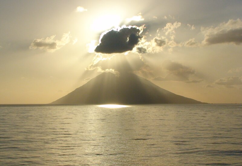 Sunrise over volcanic island