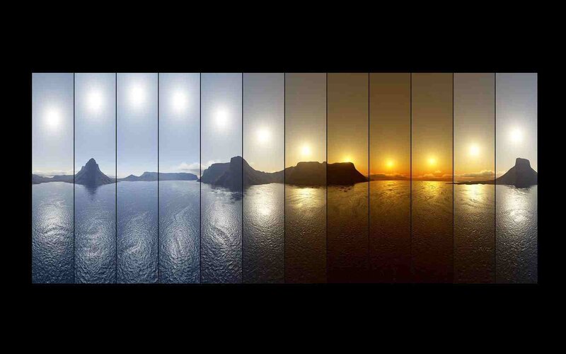 Sunrise over Water — Blue, Serene, Photograph, Mountain, Sea