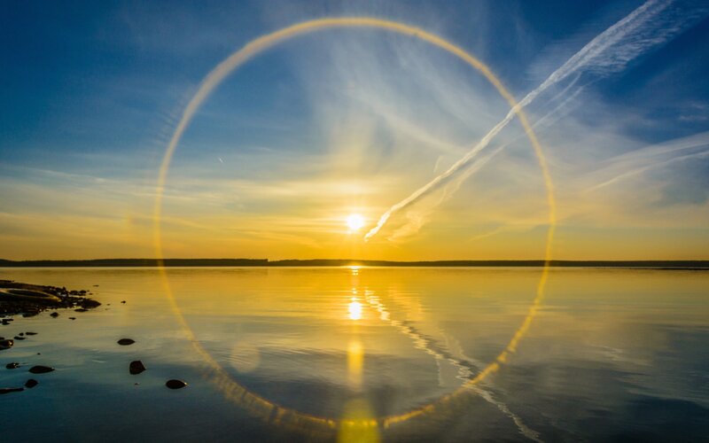 Sunrise over Water — Blue, Serene, Photograph, Sun