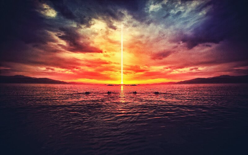 Sunrise over Water — Red, Dramatic, Photograph