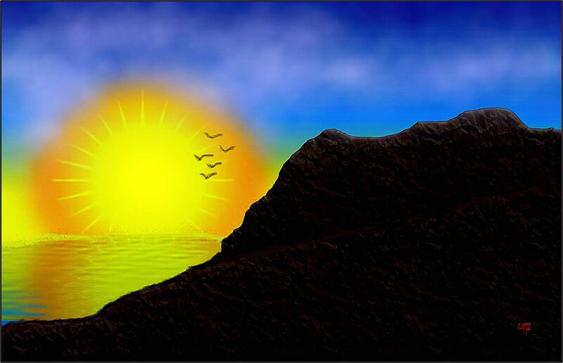 Sunrise over Water — Yellow, Serene, Digital Art