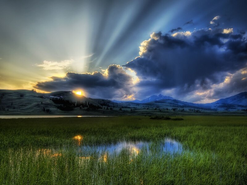 Sunrise over Wetlands — Green, Dramatic, Photograph, Mountains, Clouds, Lake