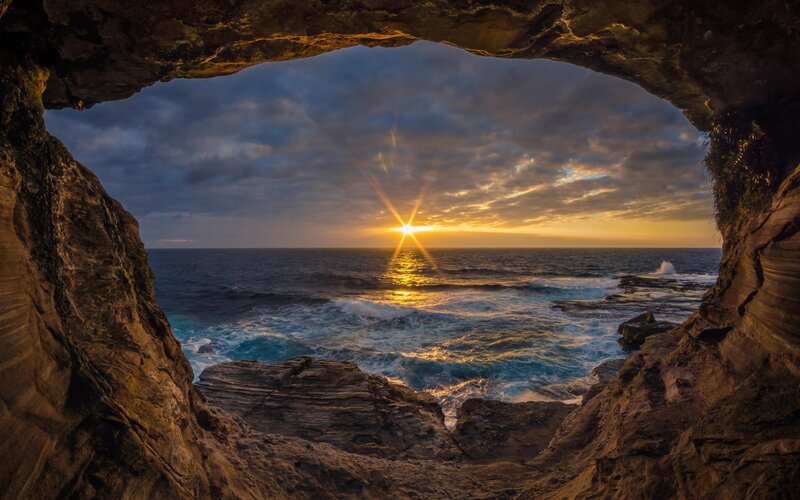 Sunrise Through Cave Opening — Blue, Dramatic