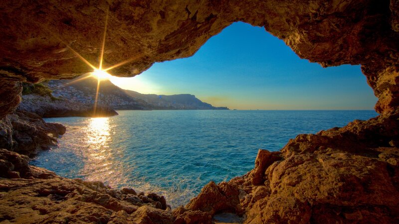 Sunrise Through Cave Opening — Blue, Serene, Photograph