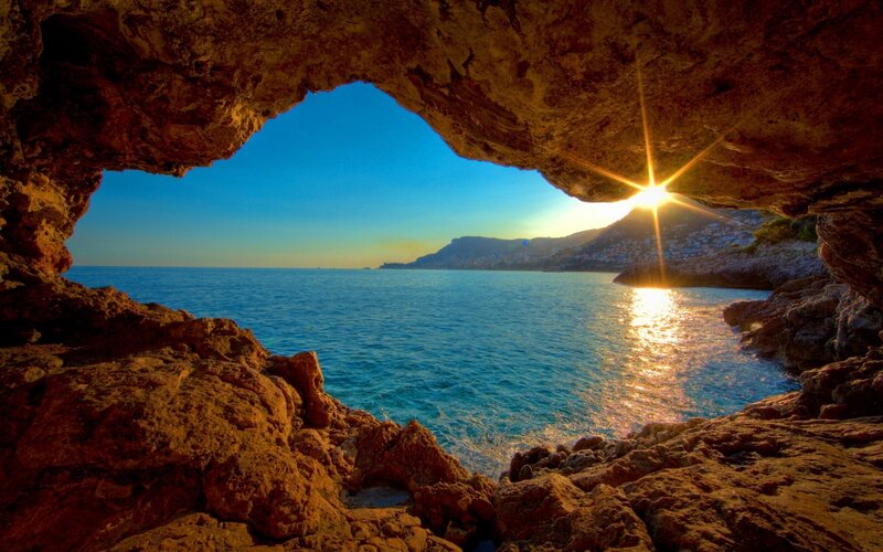 Sunrise Through Cave Opening — Blue, Serene, Sunset, Photograph