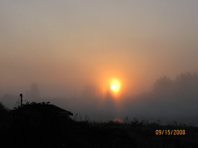 Sunrise through morning fog
