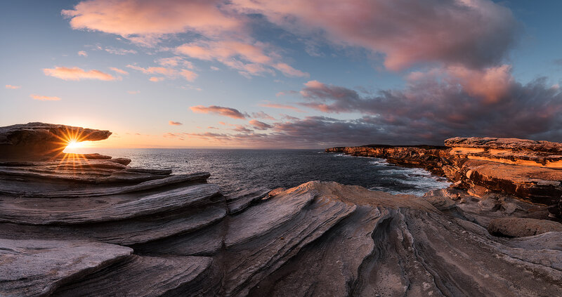 Sunrise Through Rock Arch — Blue, Dramatic, Photograph, Ocean, Cliffs