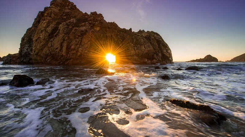 Sunrise Through Rock Arch — Blue, Dramatic, Photograph, Ocean, Rocks, Sky, Orange