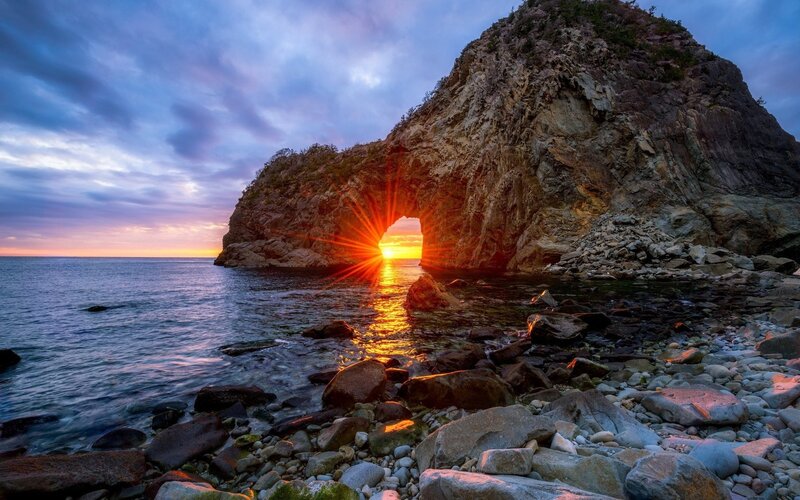Sunrise Through Rock Arch — Blue, Dramatic, Photograph, Ocean, Rocks, Sky