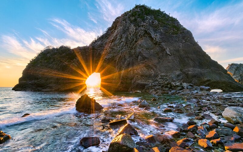 Sunrise Through Rock Arch — Blue, Dramatic, Photograph, Ocean, Rocks
