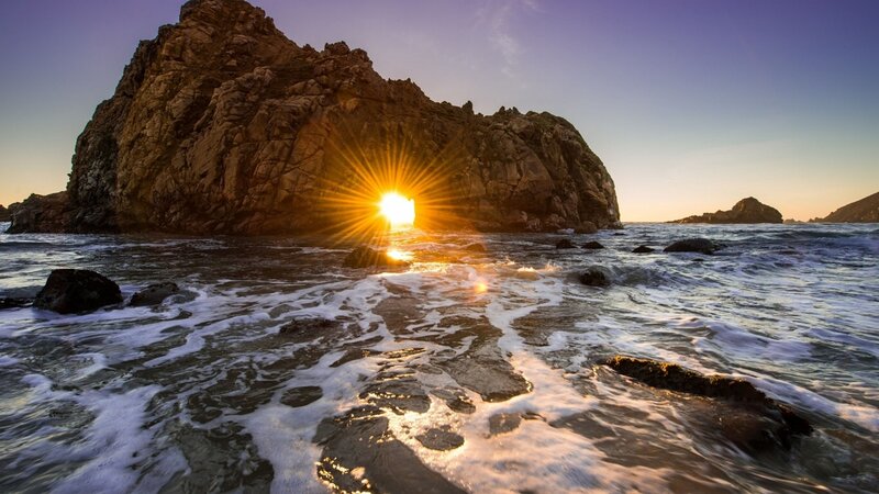 Sunrise Through Rock Arch — Blue, Dramatic, Photograph