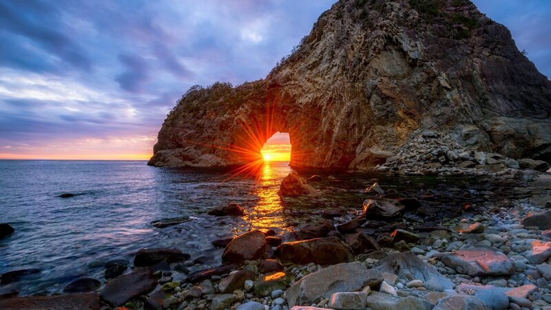 Sunrise Through Rock Arch — Orange, Dramatic, Photograph, Ocean