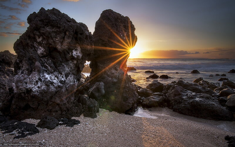 Sunrise Through Rock Arch — Orange, Dramatic, Sunset, Photograph