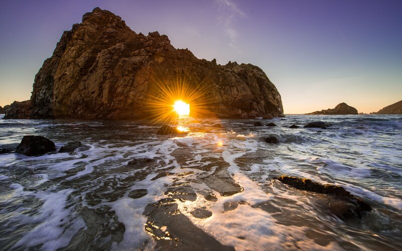 Sunrise Through Rock Arch — Purple, Dramatic, Photograph, Ocean