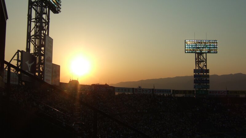 Sunset at a baseball stadium