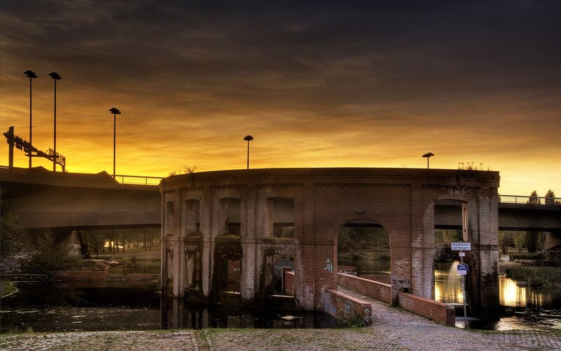 Sunset at a brick lock structure