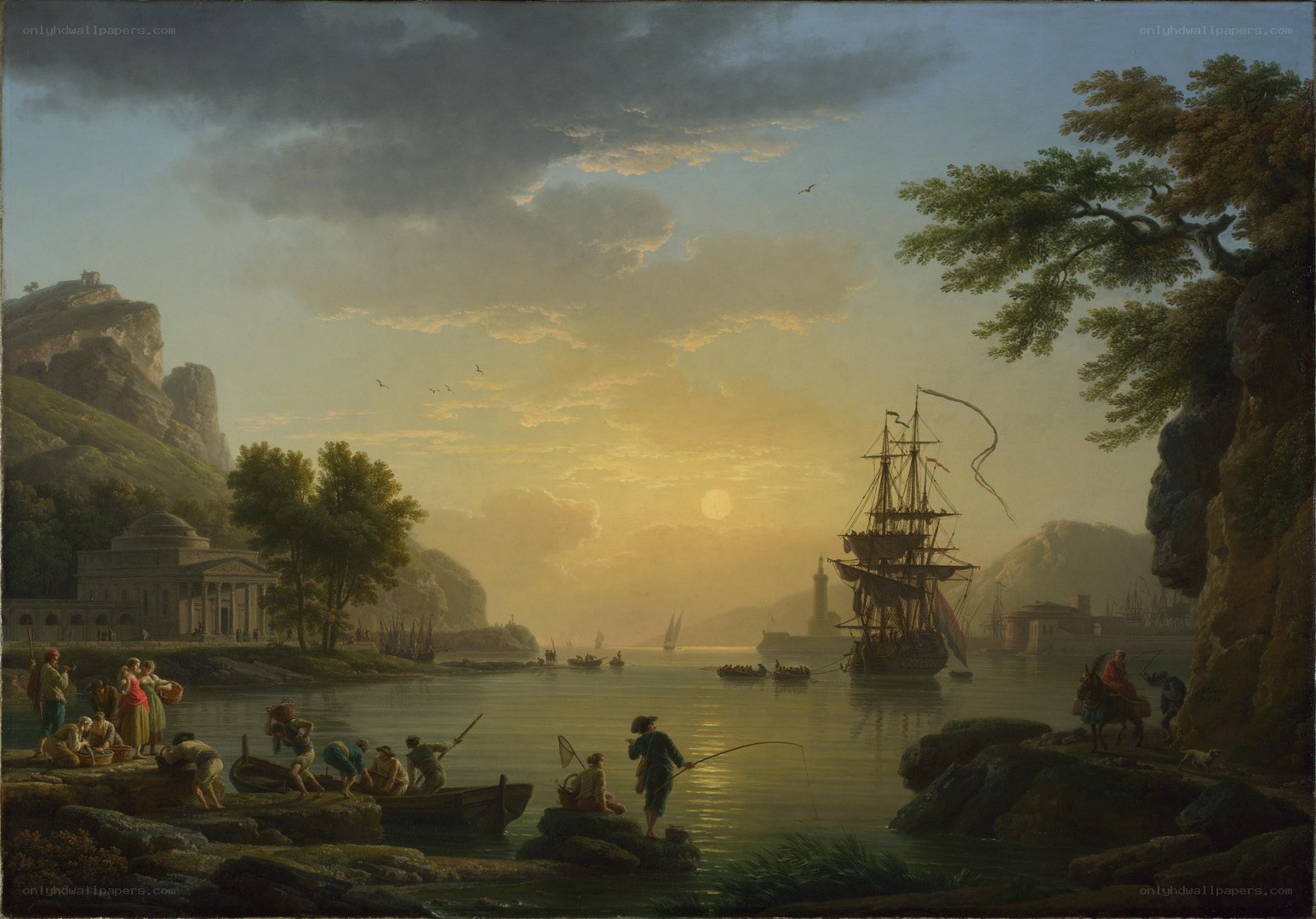 Sunset at a coastal harbor