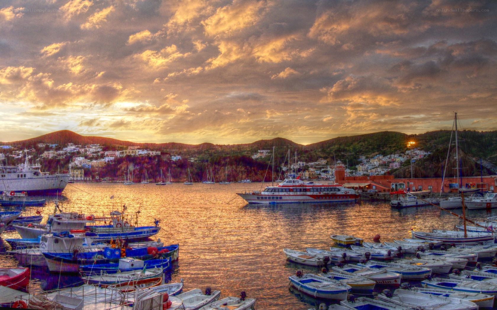 Sunset at a coastal harbor
