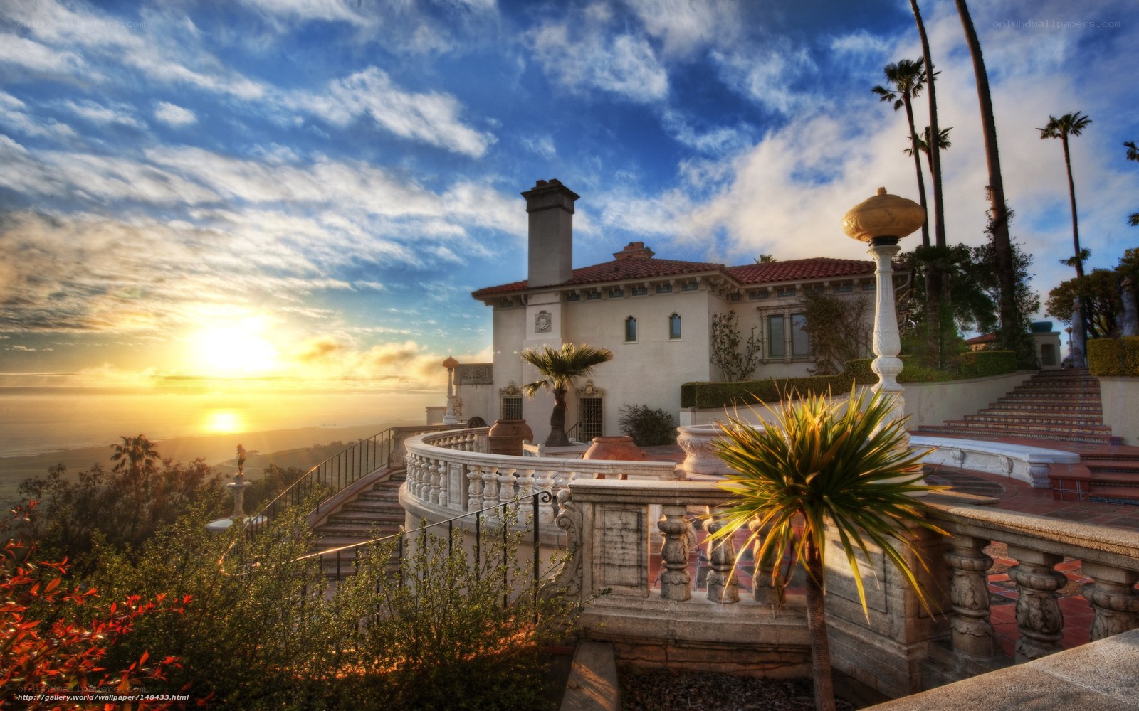 Sunset at a coastal mansion