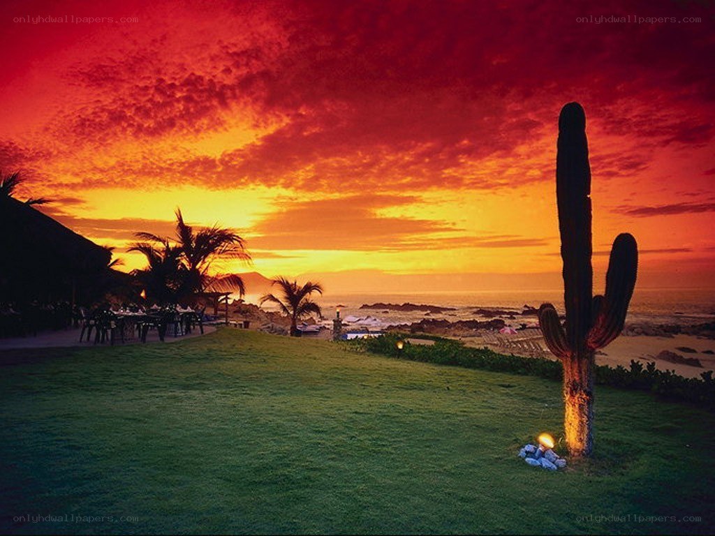 Sunset at a coastal resort