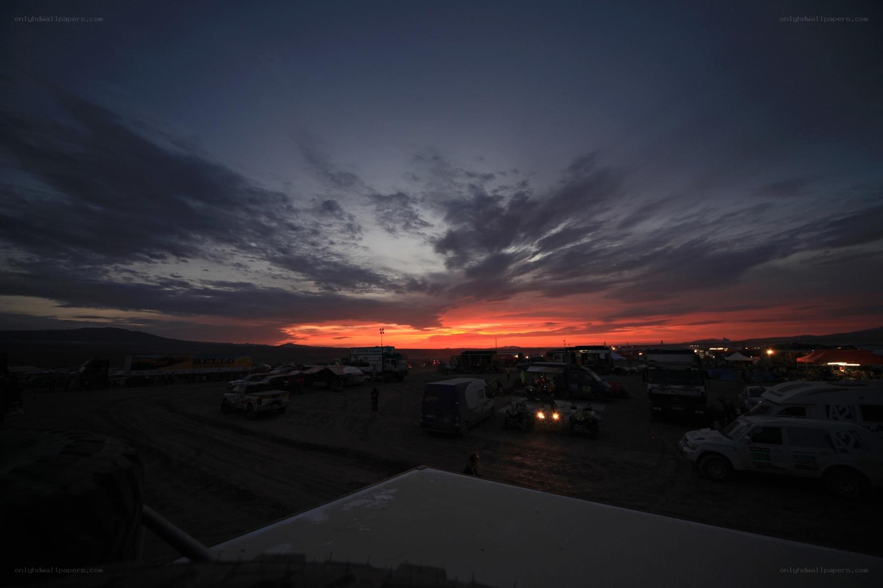 Sunset at a desert race camp