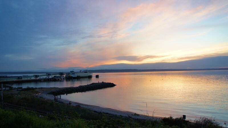 sunset at a ferry terminal