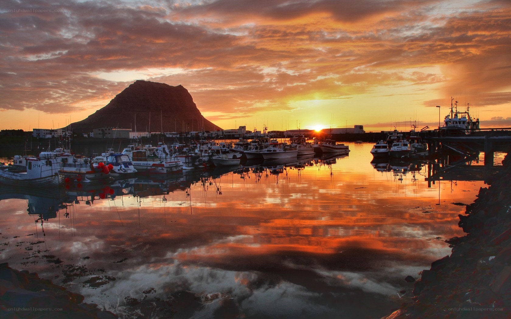 Sunset at a fishing harbor
